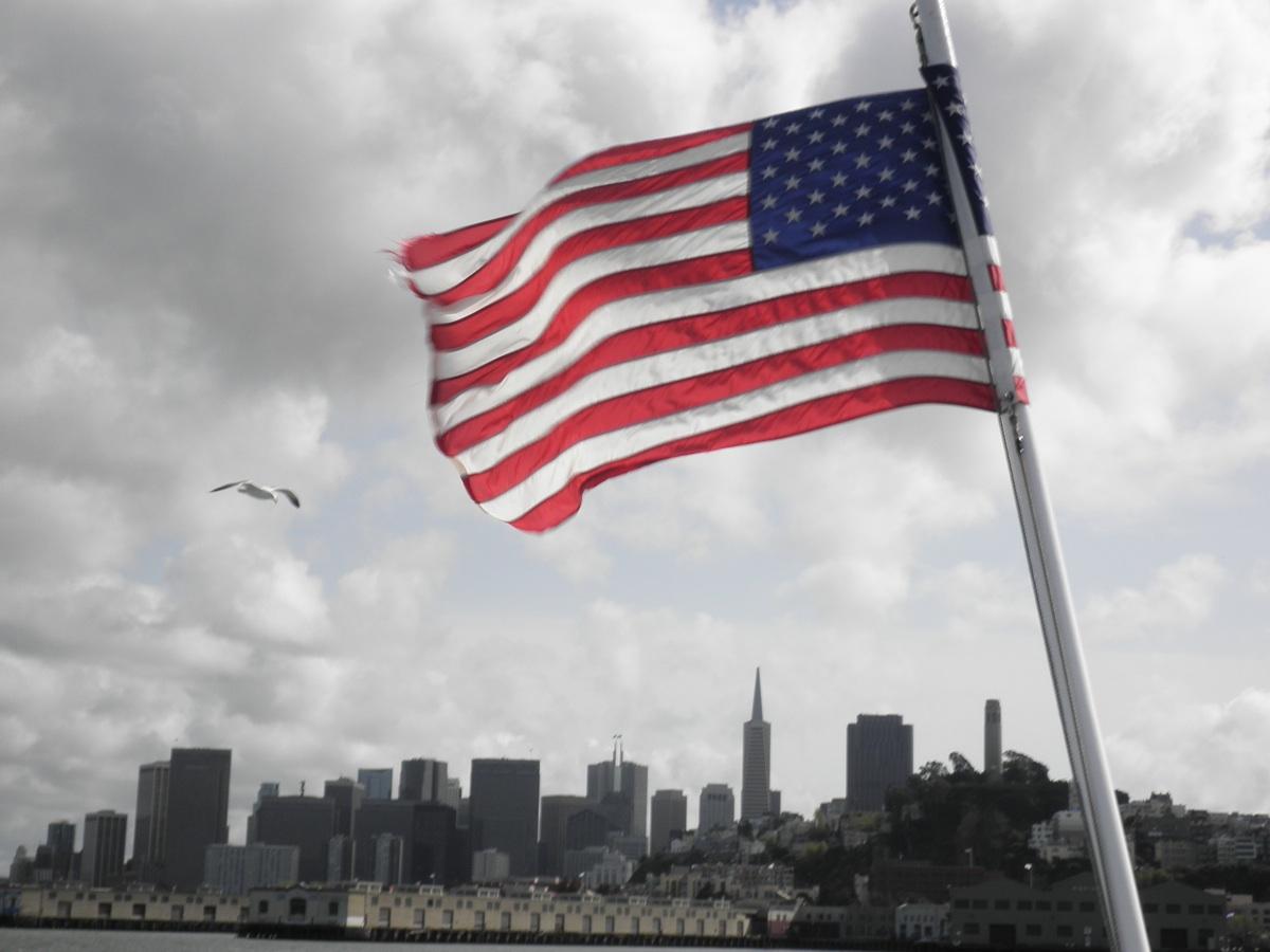 American flag flying on a boatride back from Alcatraz.