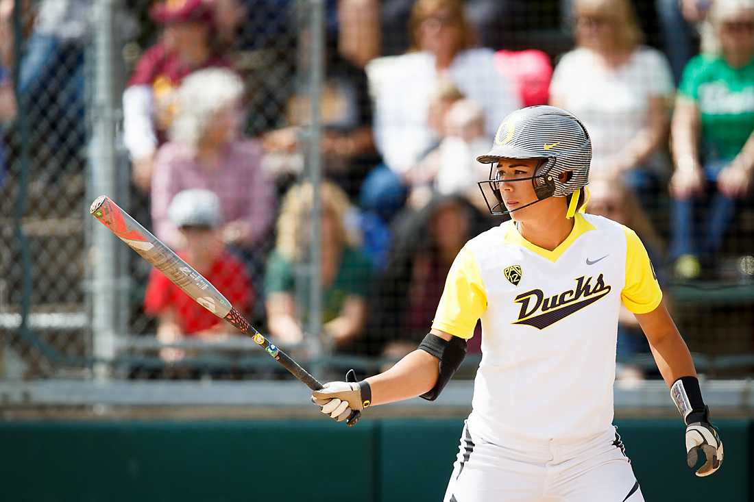 <p>Oregon infielder Nikki Udria (3) gets ready to bat during the first inning. The Oregon Ducks play the ASU Sun Devils at Howe Field in Eugene, Oregon on April 10, 2015. (Ryan Kang/Emerald)</p>