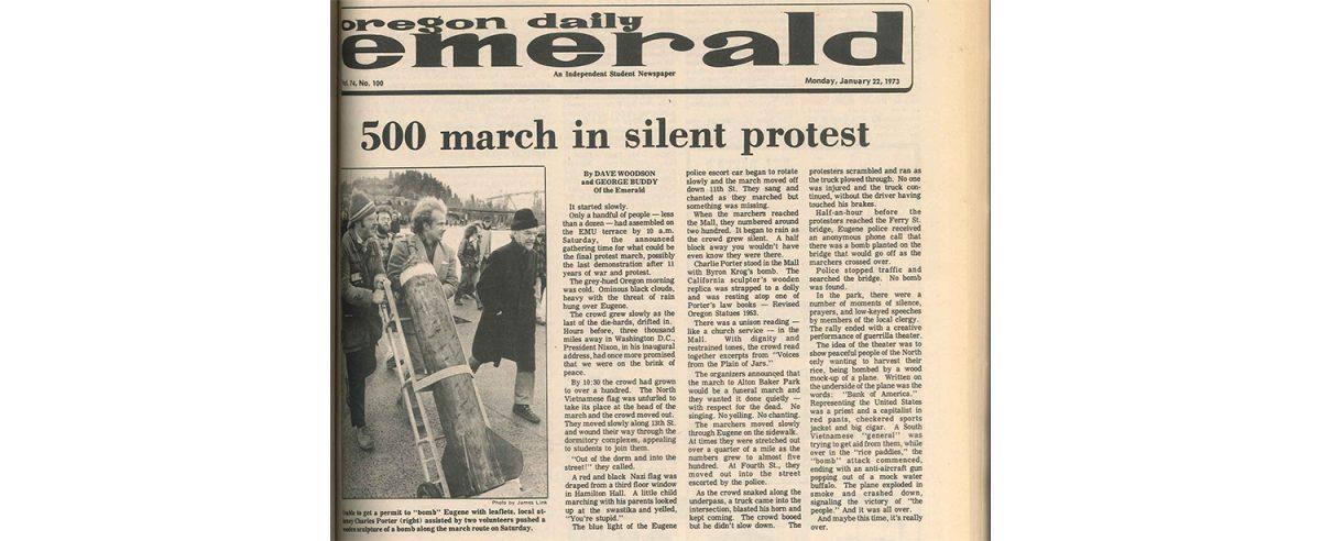 Gathering first on the EMU terrace, around 500 activists from the community marched through campus, past the dorms, over the Ferry St. Bridge and to Alton Baker Park. They marched with a North Vietnamese flag at the front of the procession. (Emerald Archives)