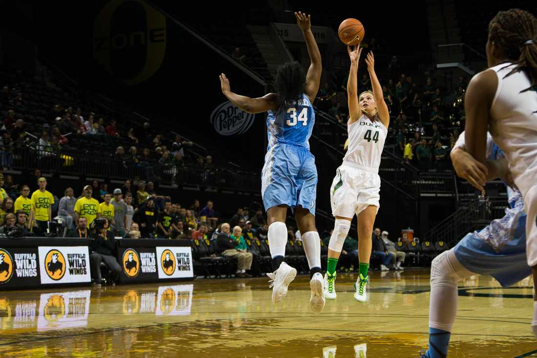 Oregon forward Tatum Neubert (44) takes a shot from the free-throw line. The Oregon Ducks play the North Carolina Tar Heels at Matthew Knight Arena in Eugene, Oregon on November 23, 2014. (Taylor Wilder/Emerald)