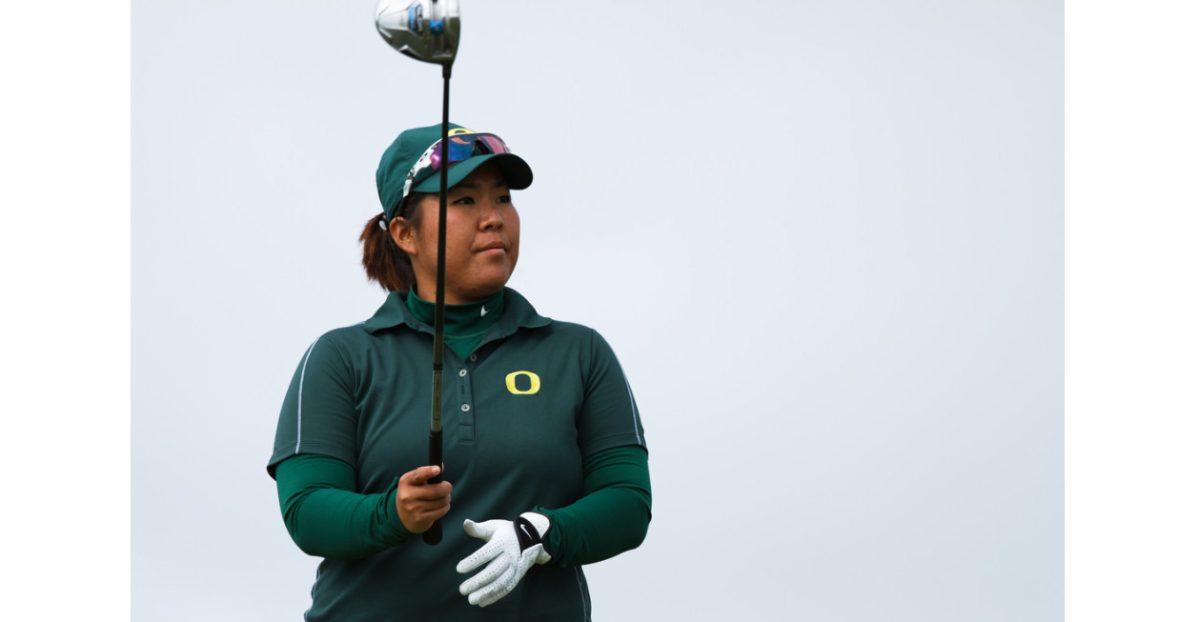 Oregon golfer Cassy Isagawa looks out towards the fairway to set up her tee shot on the eleventh hole during last year&#8217;s Pac-12 Women&#8217;s Golf Championships. (Ryan Kang/Emerald)