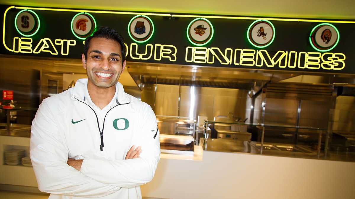 Pratik Patel, Director of Sports Nutrition for the University of Oregon Athletic Department, has worked for the university for the past year. His job is to make sure that the 485 student-athletes at the university are eating healthy enough to thrive at optimal performance in their respective sports. (Ryan Kang/Emerald)