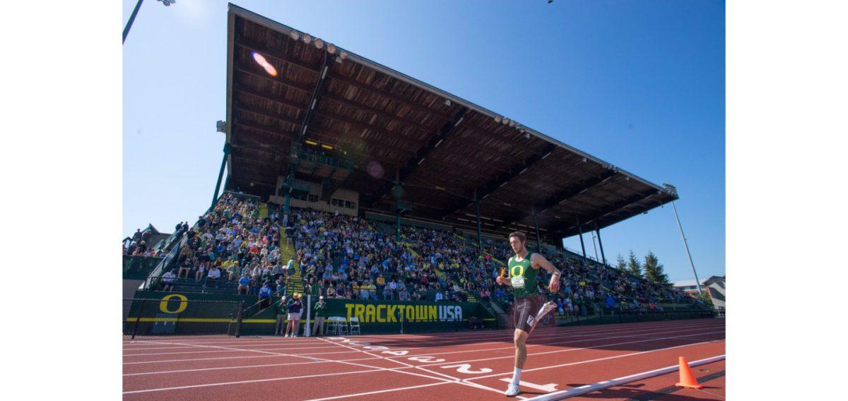 Blake Chiuminetta finishing the 4X400m relay for the Oregon club team. The University of Oregon hosts the annual Oregon Relays at Hayward Field in Eugene Ore. on Saturday, April 18 2015. (Cole Elsasser/Emerald)