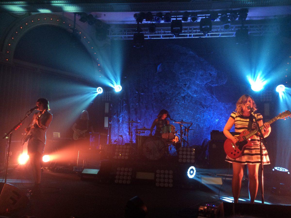 Sleater-Kinney plays at the Crystal Ballroom in Portland, Oregon. Carrie Brownstein, Janet Weiss and Corin Tucker returned to the Crystal Ballroom for the first time since reuniting earlier this year. (Courtesy of Craig Wright.)