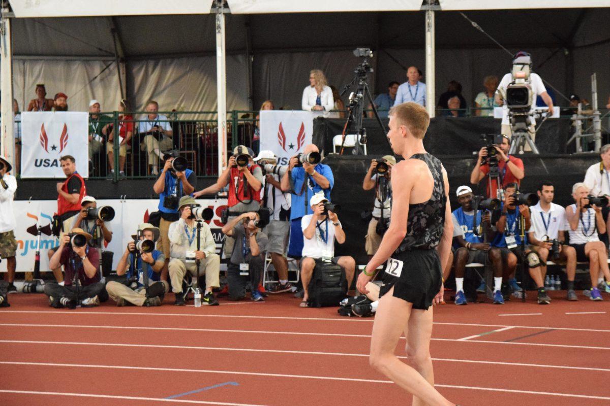 <p>Rupp walks off after 10,000 meter win on Thursday. Hayward field hosts the 2015 USATF Championships in Eugene, Ore., June 25-28 2015. (Meerah Powell/Emerald)</p>