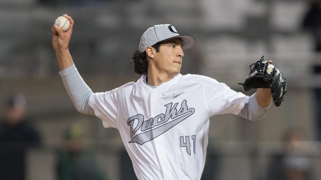 <p>Oregon pitcher Isaiah Carranza (41) winds up to throw. The Oregon Ducks face the Illinois State Redbirds at PK Park in Eugene, Ore. on Feb. 25, 2016. (Adam Eberhardt/Emerald)</p>