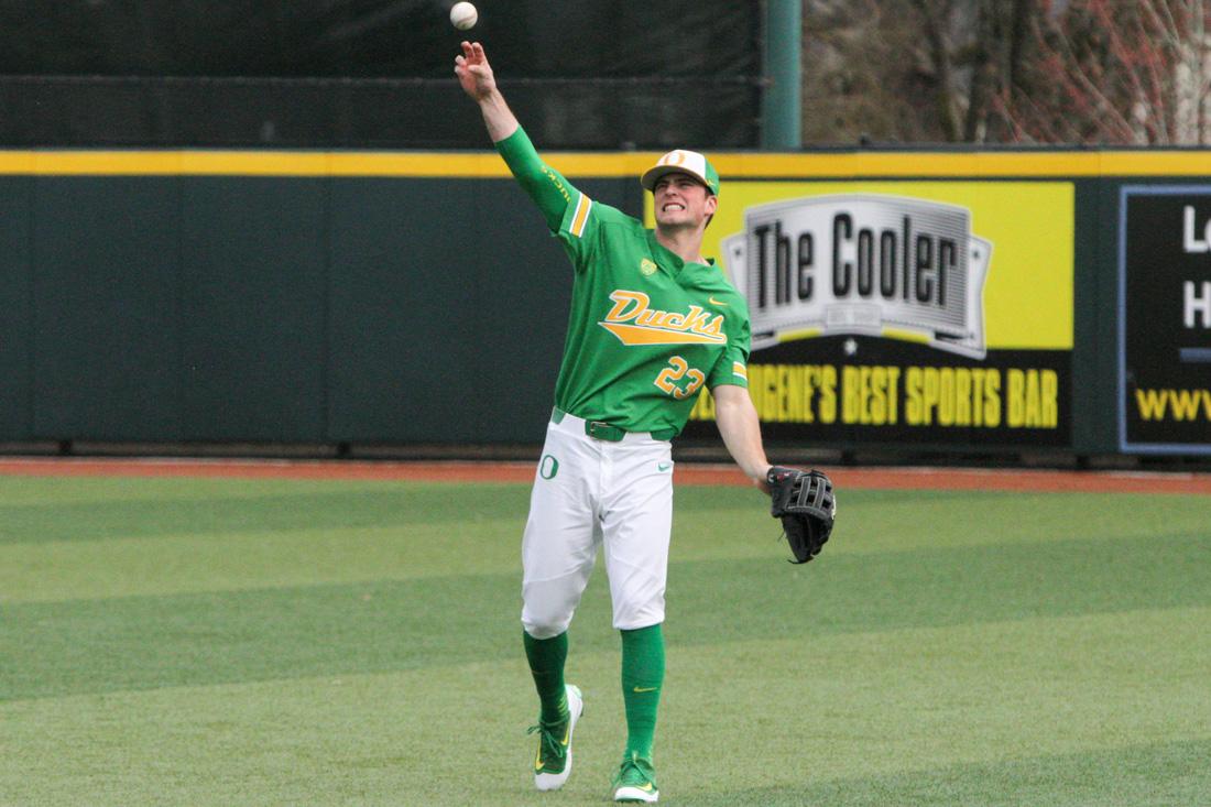 Oregon outfielder Jakob Goldfarb (23) throws the ball. The No. 12 Oregon Ducks face the Illinois State Redbirds at PK Park in Eugene, Ore. on Feb. 27, 2016. (Kaylee Domzalski/Daily Emerald)