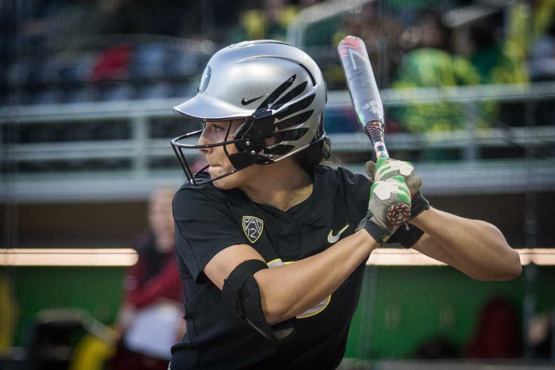 <p>Nikki Udria (3) gets ready to hit a homer. The No. 4 Oregon Ducks face the Stanford Cardinal in home opener at Jane Sanders Stadium in Eugene, Ore. on March 25, 2016. (Samuel Marshall/Emerald)</p>