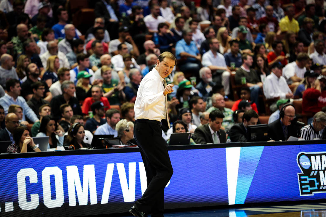 Oregon coach Dana Altman directs his team. The Oregon Ducks face the Duke Blue Devils on March 24, 2016 in the Sweet 16 at the Honda Center. (Kyle Sandler/Emerald)