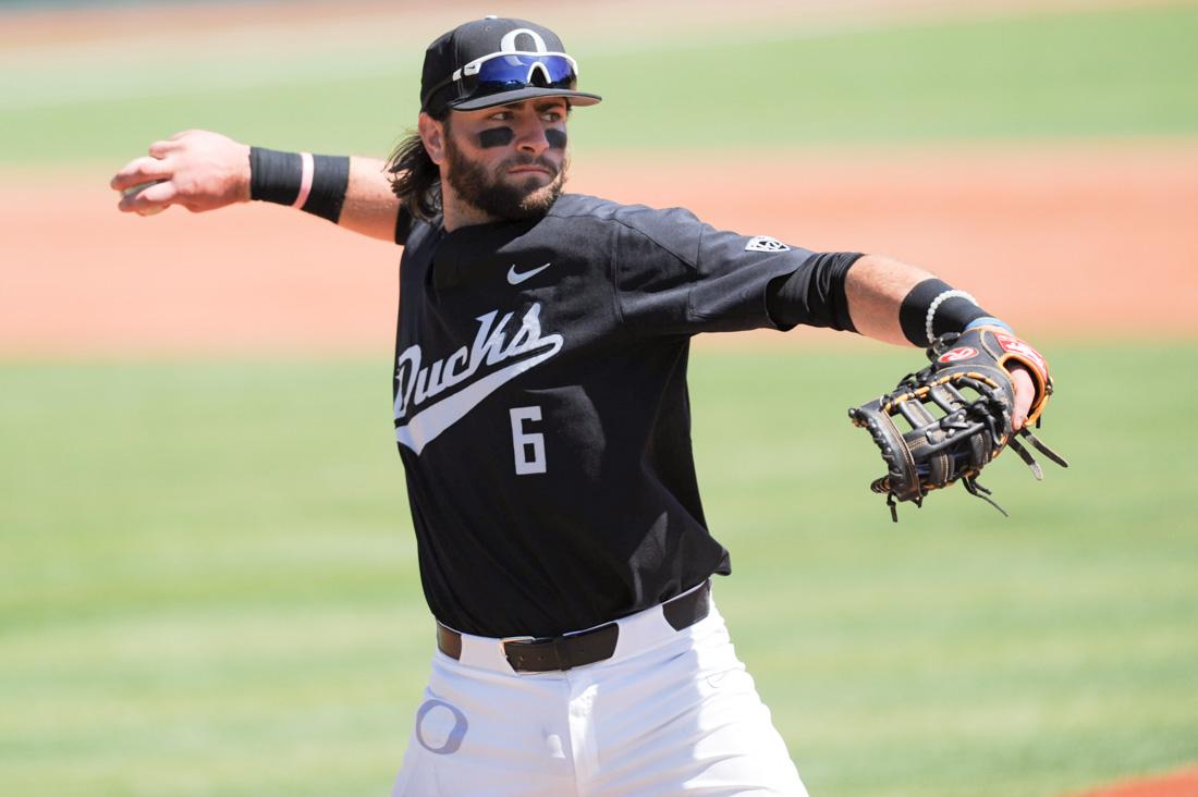 <p>Oregon first baseman Tim Susanna (6) throws the ball. The Oregon Ducks host the USC Trojans at PK Park in Eugene, Ore. on April 17, 2016. (Kaylee Domzalski/Emerald)</p>