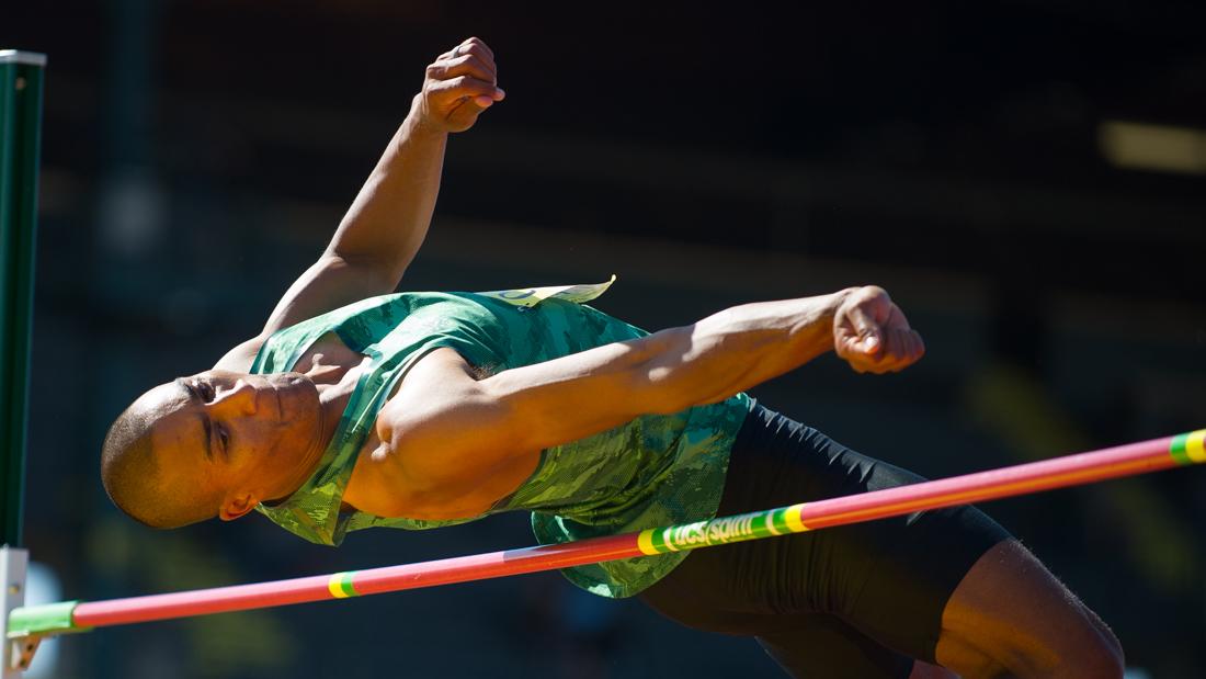 Oregon Track Club's Ashton Eaton clears the bar during the high jump. The Oregon Ducks host the Oregon Twilight Invitational meet at Hayward Field in Eugene, Oregon on May 6, 2016. (Adam Eberhardt/Emerald)