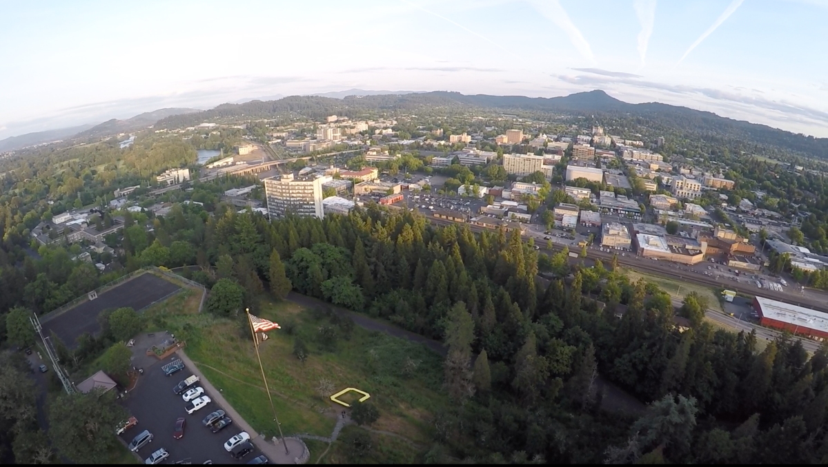 A view of Eugene from a drone at Skinner&#8217;s Butte (Kenny Jacoby/Emerald Archives)