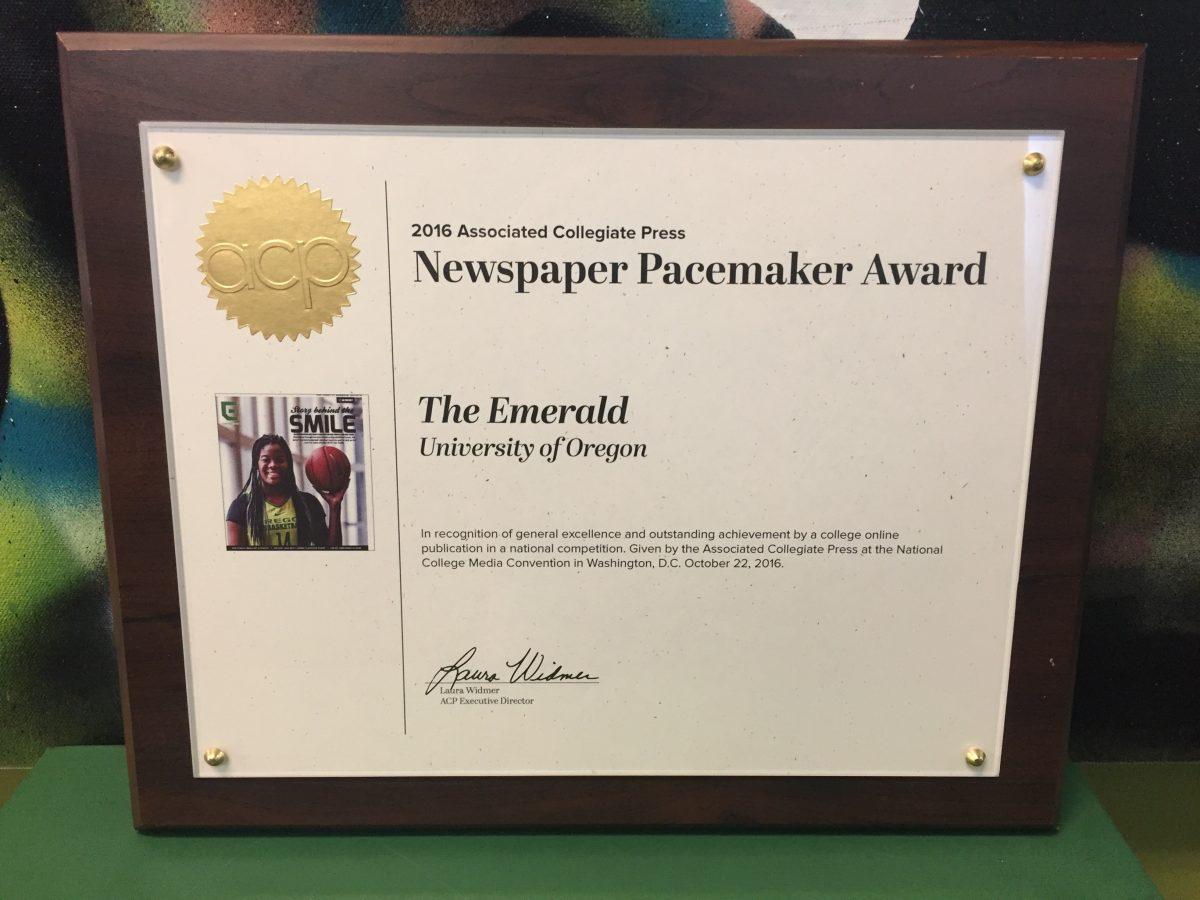 The ACP Pacemaker awarded to the Emerald on Oct. 22.