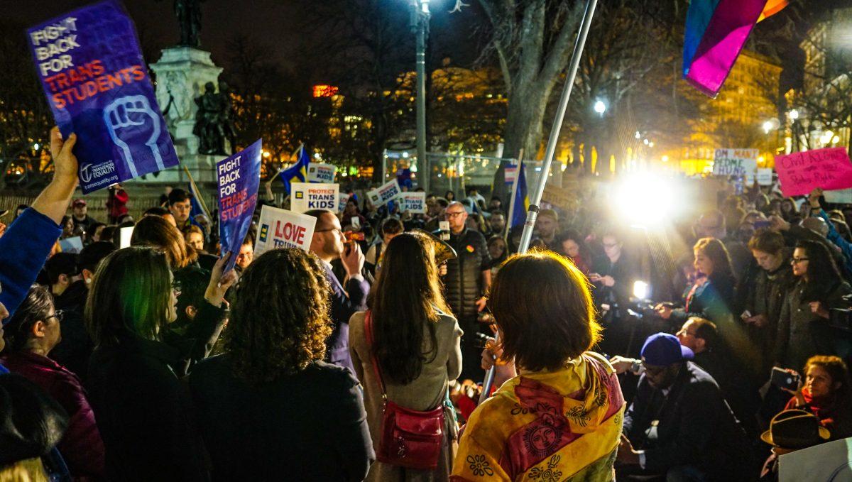 Community leaders, parents, kids, doctors and lawyers assemble in front of the White House to protest the non-science based policy of segregating LGBTQ children in public schools based on the schools&#8217; determination of their gender identity. (Creative Commons)