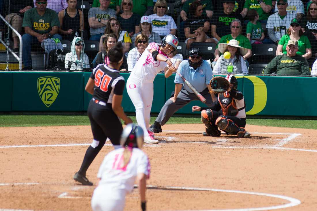 On McArthur Court, a vertical banner faces the entrance of Oregon&#8217;s home softball stadium. On it, senior shortstop Nikki Udria towers over the sidewalk with the words &#8220;Be power, be poise, be the atmosphere,&#8221; at her feet. It would be hard to find a player who takes the slogan more &#8230;