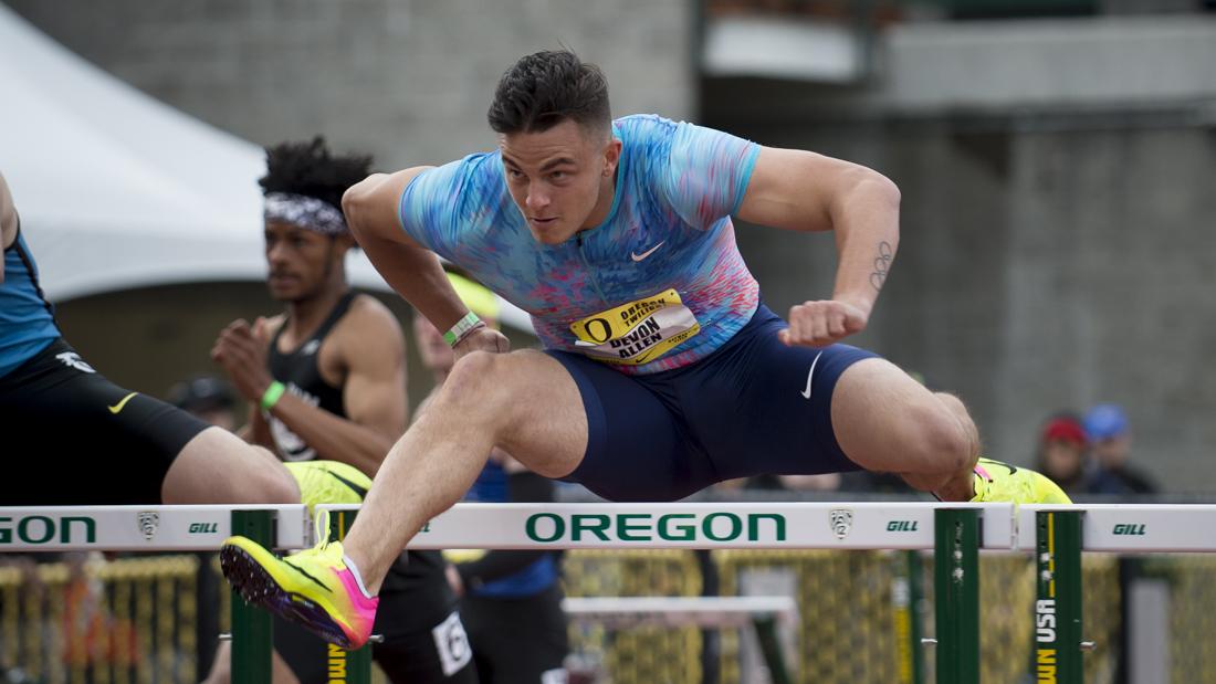 Former Oregon hurdler Devon Allen gets of a hurdle during his first race back after tearing his ACL. The Oregon Ducks host the Oregon Twilight Invitational meet at Hayward Field in Eugene, Ore. on May 5, 2017. (Adam Eberhardt/Emerald)