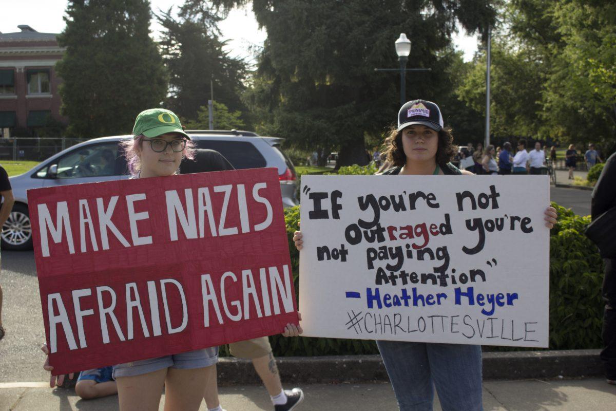 <p>On Monday, Aug. 14, the EMU amphitheater was abuzz with Eugene community members holding signs and chatting. Students, families and other community members gathered in response to recent conflicts between rallying white nationalists and those protesting against them in Charlottesville, Va. on Aug. 11. “We want to make sure that …</p>