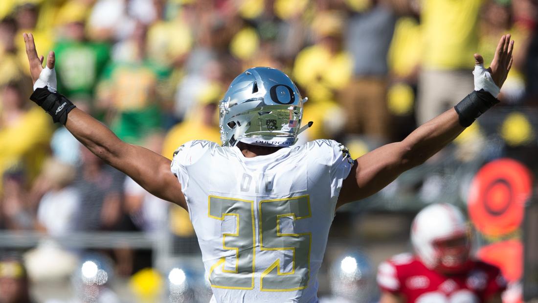 <p>Oregon Ducks linebacker Troy Dye (35) celebrates after making a sack. The Oregon Ducks host the Nebraska Cornhuskers at Autzen Stadium in Eugene, Ore. on Saturday, Sept. 9, 2017. (Adam Eberhardt/Emerald)</p>