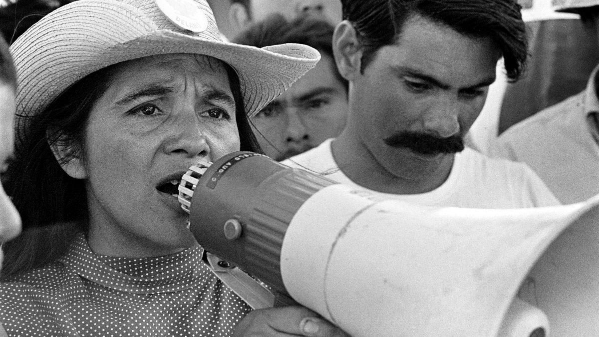 UFW leader, Dolores Huerta, organizing marchers on the second day of March Coachella. (Courtesy of George-Ballis/The Image Works)