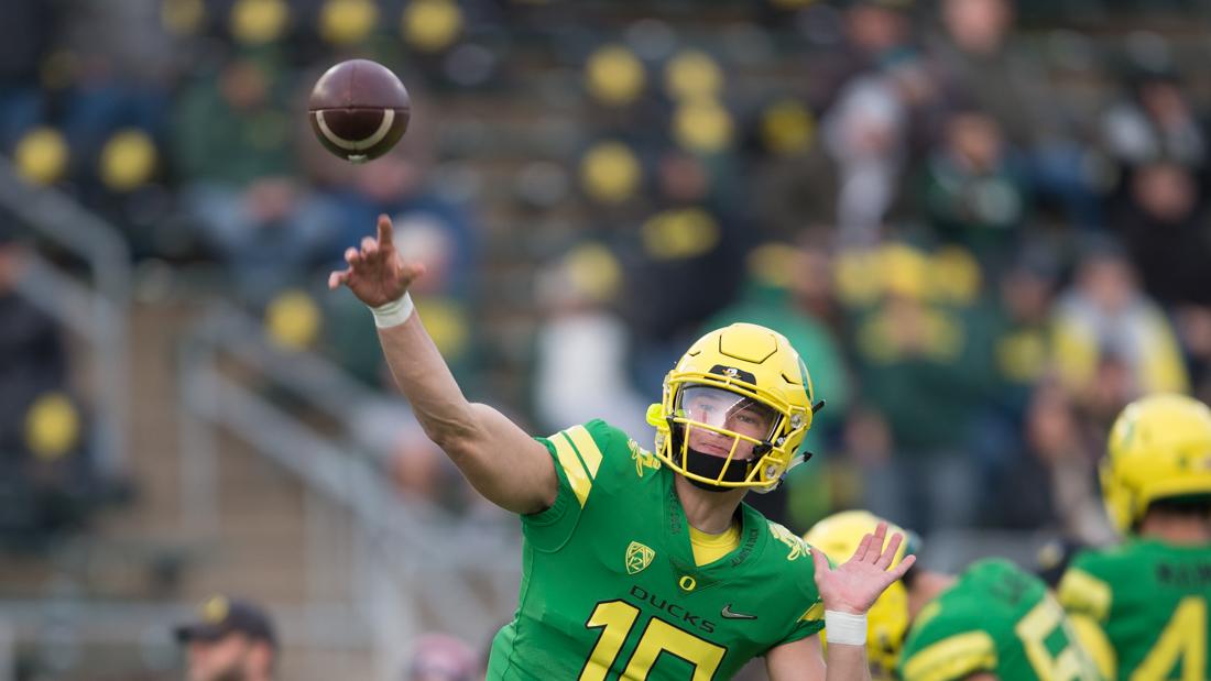 <p>Oregon Ducks quarterback Justin Herbert (10) throws a pass during the warm up. The Oregon Ducks host the Arizona Wildcats at Autzen Stadium in Eugene, Ore. on Saturday, Nov. 18, 2017. (Adam Eberhardt/Emerald)</p>