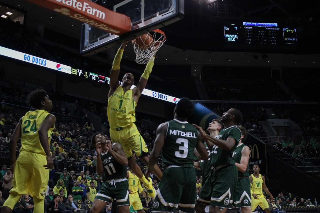 Oregon Ducks forward Kenny Wooten (1) dunks a rebound. Oregon basketball take on the Colorado State Rams at Matthew Knight Area in Eugene, Ore. on Dec. 8, 2017. (Devin Roux/Emerald)