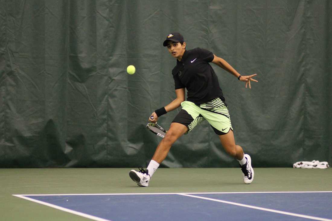 Oregon Ducks Shweta Sangwan returns the ball during her singles match. The Oregon Ducks face the Portland State Vikings at the Oregon Student Tennis Center in Eugene, Ore. on January 19, 2018. (Devin Roux/Emerald)