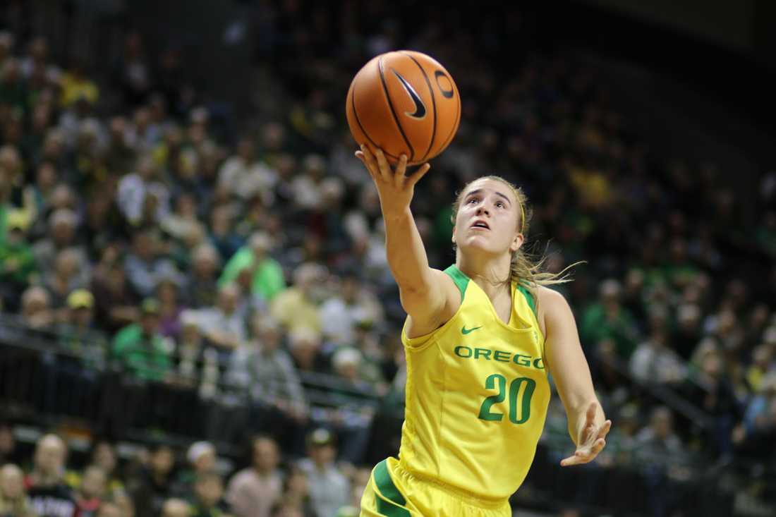 Oregon Ducks guard Sabrina Ionescu (20) goes for a layup. Oregon basketball take on the Arizona State Devils at Matthew Knight Area in Eugene, Ore. on Jan. 14, 2018. (Devin Roux/Emerald)