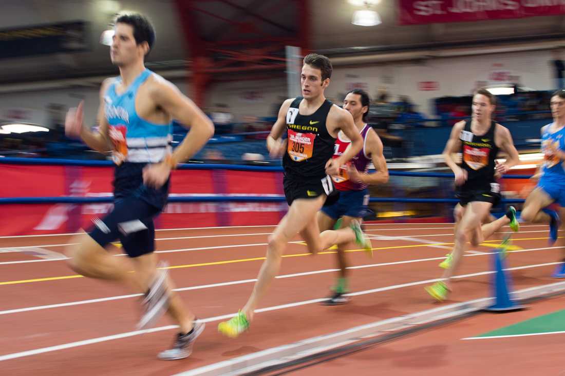 Oregon mid distance runner Mick Stanovsek races in the men&#8217;s mile. The Columbia Challenge is held at the New Balance Track and Field Center at the Armory in New York, N.Y. on Saturday, Jan. 27, 2018. (Adam Eberhardt/Emerald)