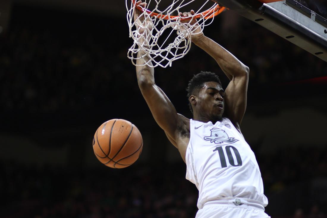 Oregon Ducks guard Victor Bailey Jr. (10) dunks the ball. Oregon basketball take on the Oregon State Beavers at Matthew Knight Arena in Eugene, Ore. on Jan. 27, 2018. (Devin Roux/Emerald)