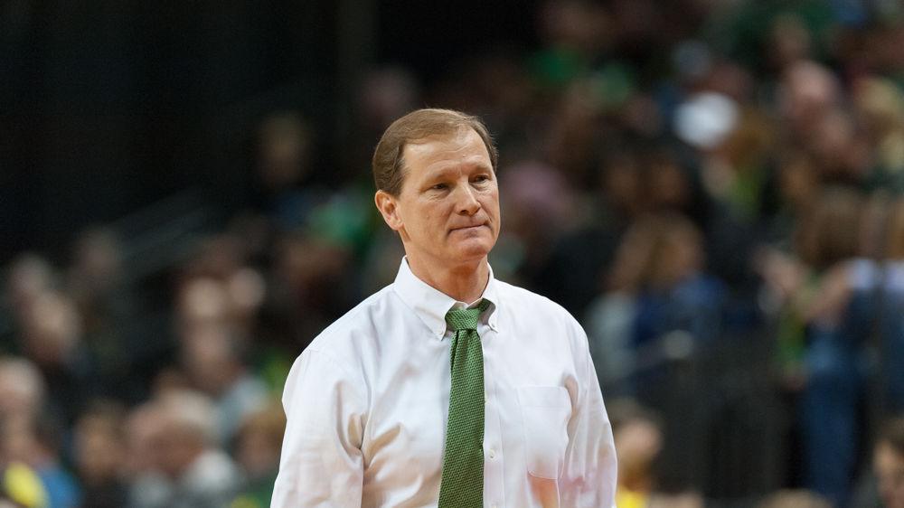 Oregon head coach Dana Altman reacts to a call. Oregon basketball take on the University of Southern California at Matthew Knight Arena in Eugene, Ore. on Jan. 18th, 2018. (Ben Green/Emerald)