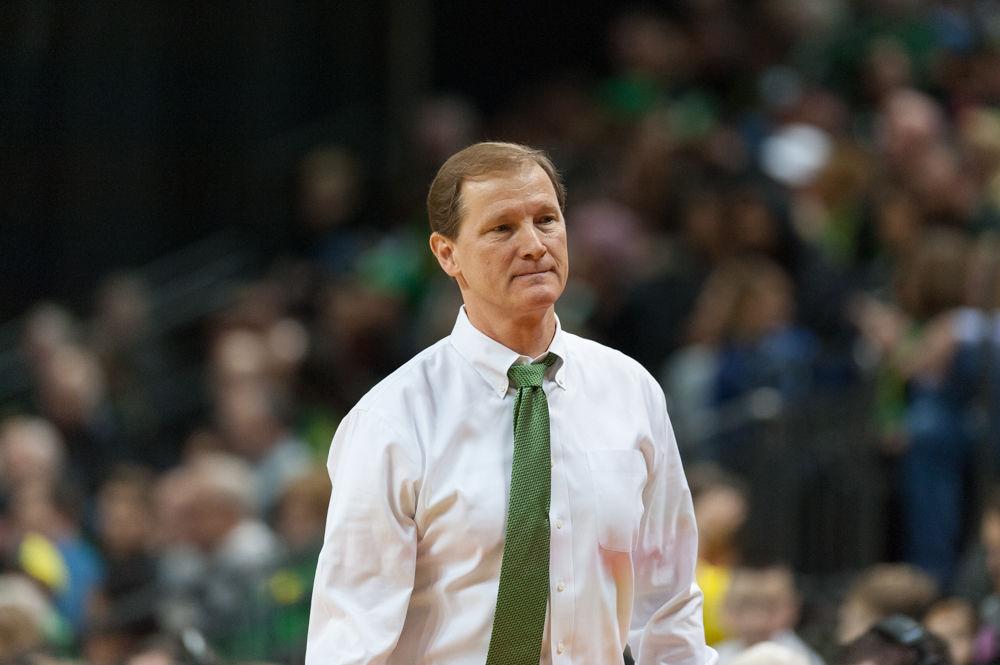 Oregon head coach Dana Altman reacts to a call. Oregon basketball take on the University of Southern California at Matthew Knight Arena in Eugene, Ore. on Jan. 18th, 2018. (Ben Green/Emerald)