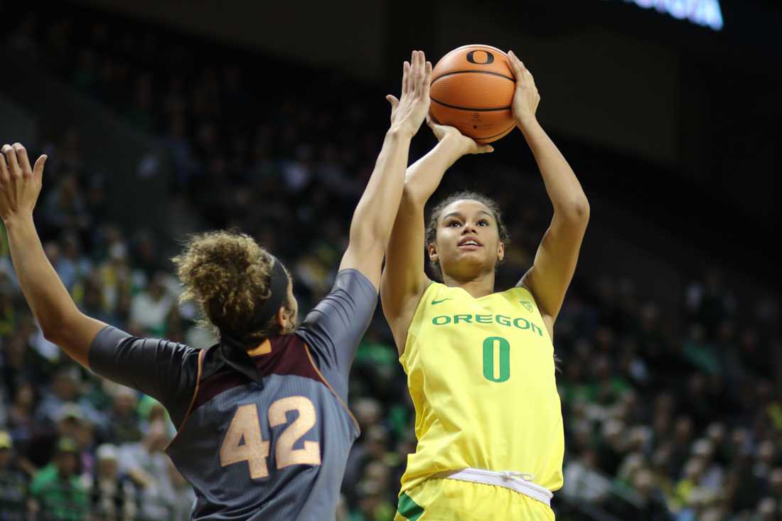 Oregon Ducks forward Satou Sabally (0) shoots the ball. Oregon basketball take on the Arizona State Devils at Matthew Knight Area in Eugene, Ore. on Jan. 14, 2018. (Devin Roux/Emerald)