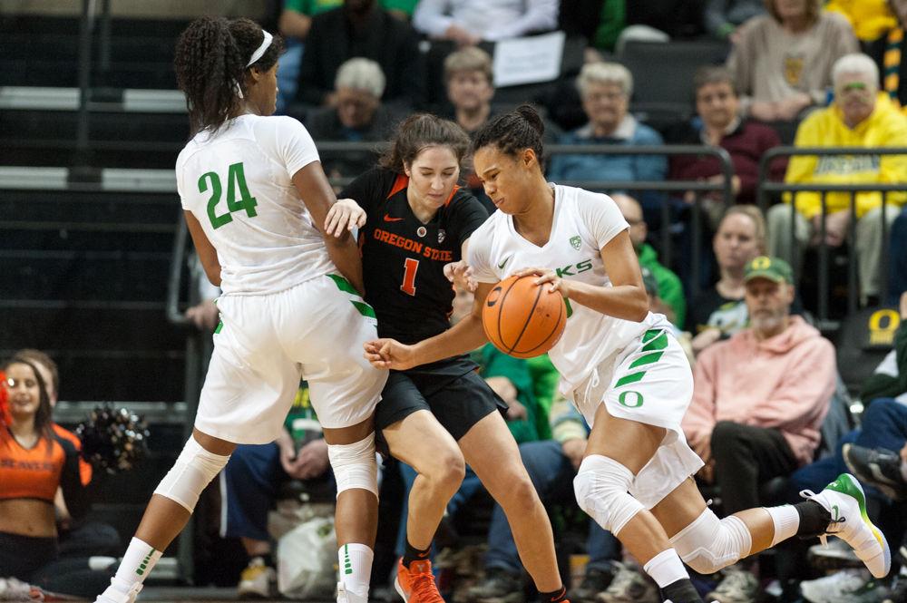 The Oregon Ducks women&#8217;s basketball team moved up one spot to No. 6 in the Associated Press poll, announced on Monday. Oregon beat Colorado on Friday and Utah on Sunday to complete the sweep of the mountain schools and maintain its first place lead in the conference standings. Sophomore guard &#8230;