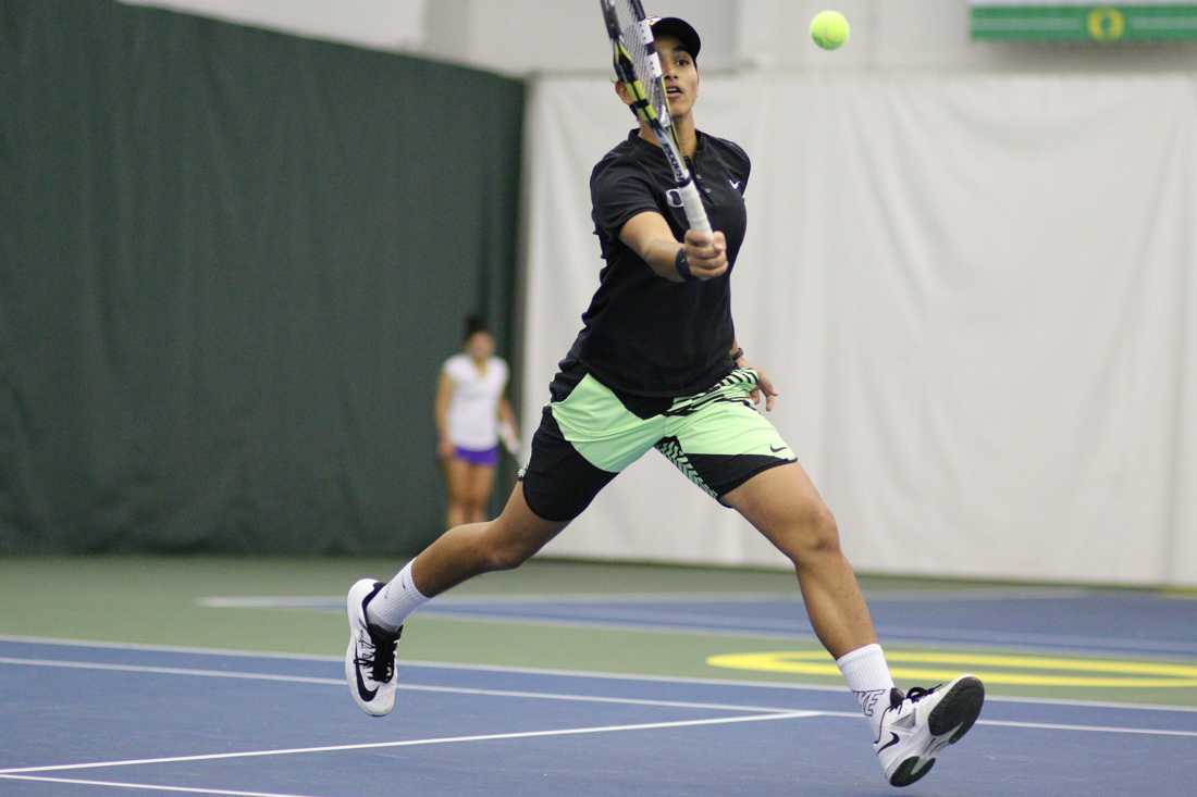 Oregon Ducks Shweta Sangwan runs towards the ball during her singles match. The Oregon Ducks face the Portland State Vikings at the Oregon Student Tennis Center in Eugene, Ore. on January 19, 2018. (Devin Roux/Emerald)