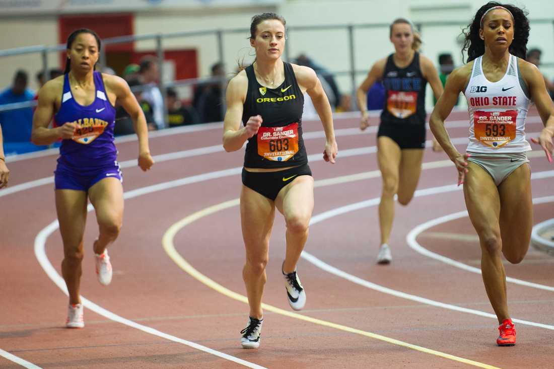 Oregon sprinter Venessa D&#8217;Arpino races in a preliminary heat of the 200m. The Columbia Challenge is held at the New Balance Track and Field Center at the Armory in New York, N.Y. on Saturday, Jan. 27, 2018. (Adam Eberhardt/Emerald)