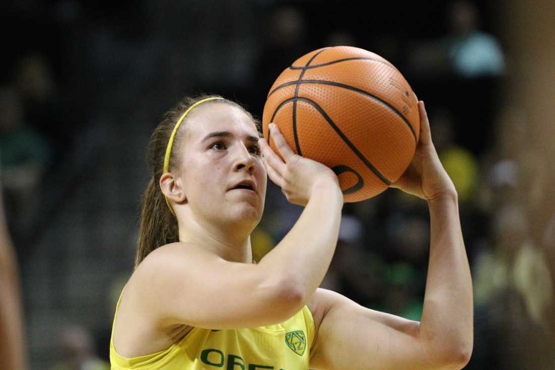 Oregon Ducks guard Sabrina Ionescu (20) takes a free throw shot. Oregon basketball take on the Stanford Cardinals at Matthew Knight Arena in Eugene, Ore. on Feb. 4, 2018. (Devin Roux/Emerald)