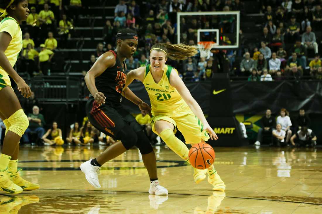 Oregon guard Sabrina Ionescu drives down the court. Oregon Women's Basketball win in double overtime against the University of Southern California Trojans. (Natalie Waitt-Gibson/Emerald)