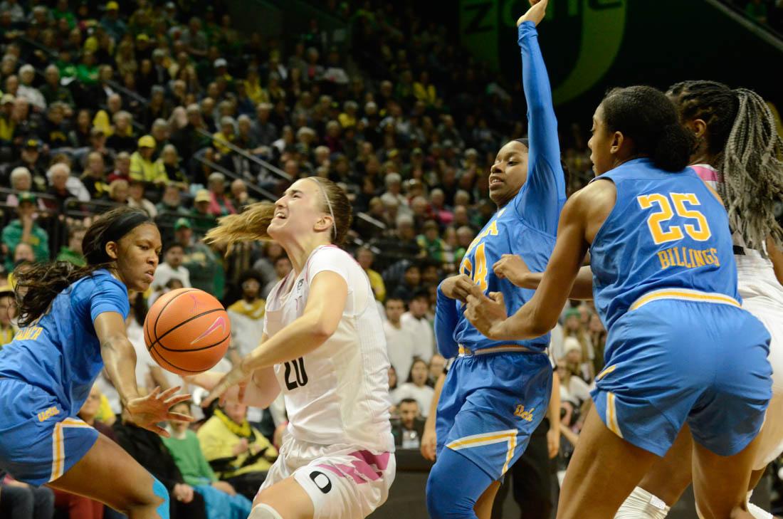 Sabrina Lonescu, guard on the University of Oregon&#8217;s basketball team, gets a foul against the Bruins. The No. 8 Oregon Ducks play the No. 10 UCLA Bruins at Matthew Knight Arena in Eugene, Ore. on Monday, Feb. 13, 2018. (Madi Mather/Emerald)