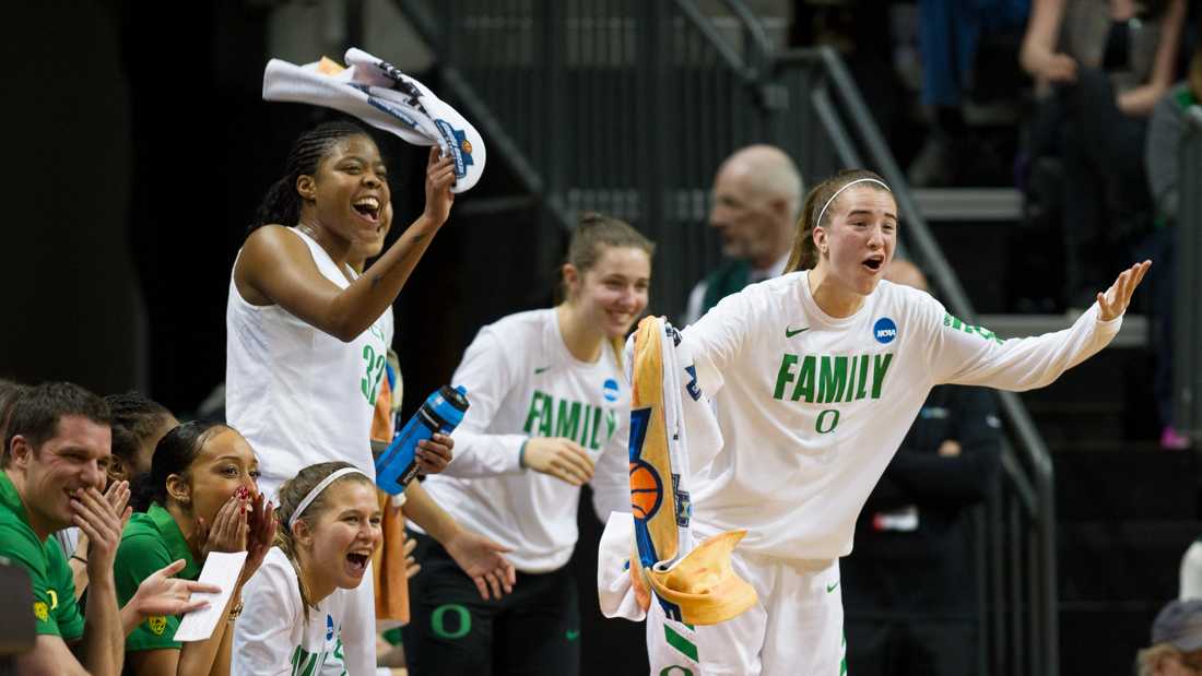 The Oregon bench, led by Oregon Ducks guard Sabrina Ionescu (20), cheer on their teammates. The No. 6 Oregon Ducks play the Seattle University Redhawks in the first round of the NCAA Tournament at Matthew Knight Arena in Eugene, Ore. on Friday, March 16, 2018. (Adam Eberhardt/Emerald)