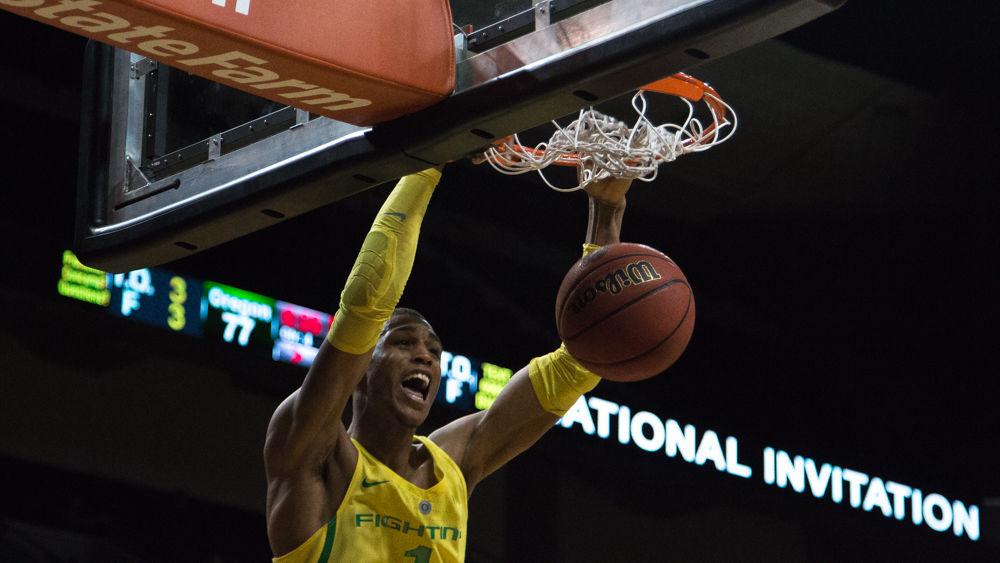 Ducks forward Kenny Wooten (1) slams another ball down with a dunk. Oregon basketball take on the Rider University Broncs at Matthew Knight Arena in Eugene, Ore. on Mar. 13, 2018. (Ben Green/Emerald)