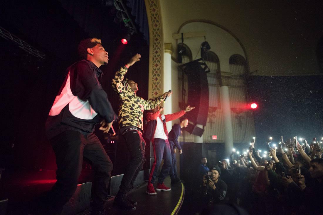 Hip-hop quartet SOB x RBE greet the crowd after taking the stage. SOB x RBE sells out the McDonald Theatre in Eugene, Ore. on Mar. 24, 2018. (Phillip Quinn/Emerald)