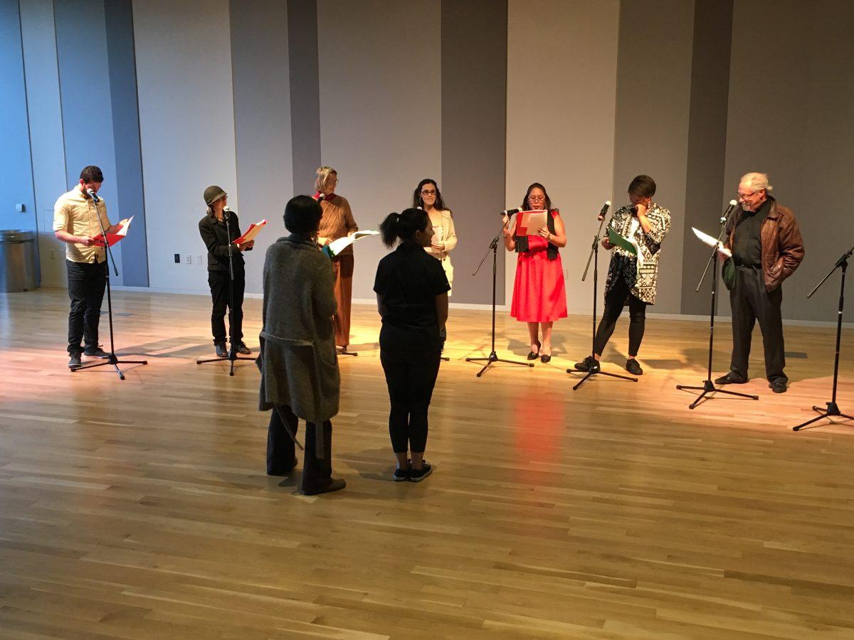 &#8220;We Are Neighbors&#8221; actors practice lines while they prepare for their EMU Redwood Auditorium performance. (Max Egener/Emerald)