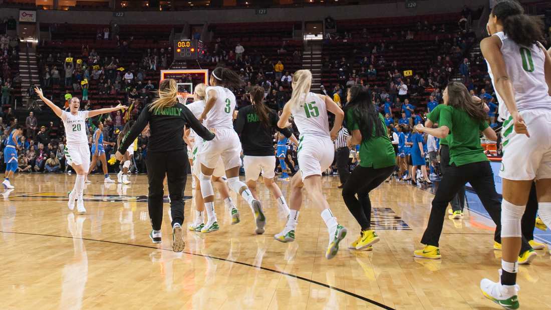 Oregon Ducks guard Sabrina Ionescu (20) celebrates with her teammates after the game. The Oregon Ducks face the UCLA Bruins in the semifinals of the Pac-12 Tournament at KeyArena in Seattle, Wash. on Saturday, March 3, 2018. (Adam Eberhardt/Emerald)