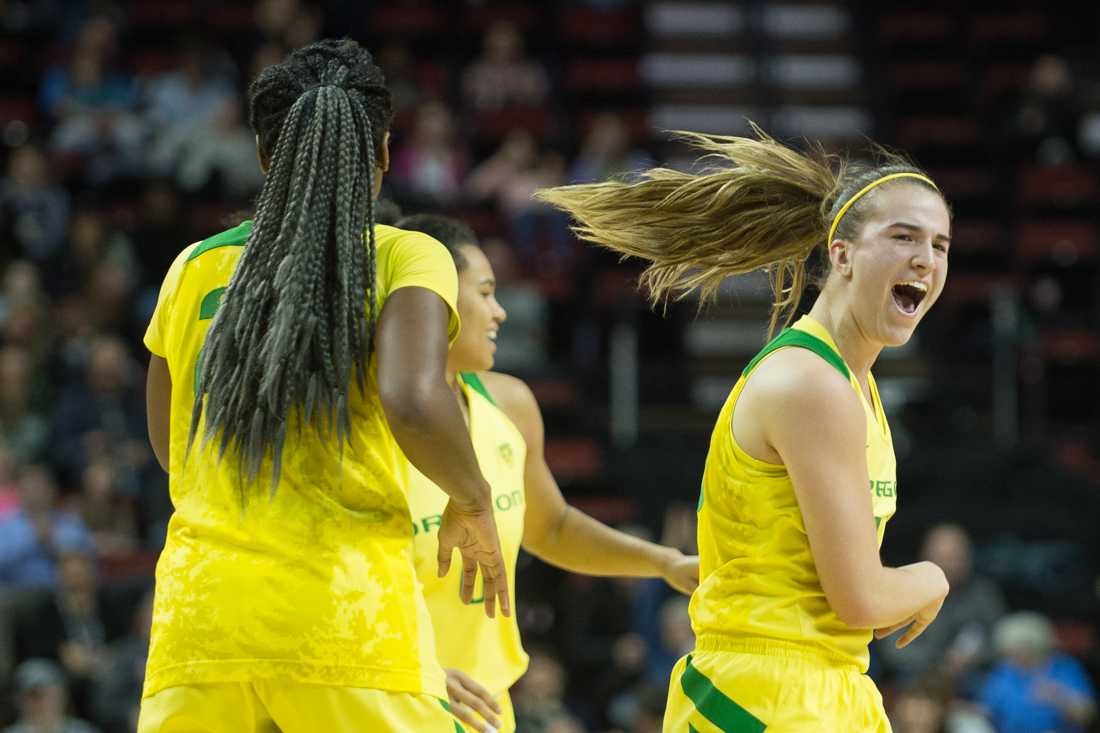 Oregon Ducks guard Sabrina Ionescu (20) celebrates after scoring a three pointer in the final minutes of the game. The Oregon Ducks face the Stanford Cardinal in the final of the Pac-12 Tournament at KeyArena in Seattle, Wash. on Sunday, March 4, 2018. (Adam Eberhardt/Emerald)