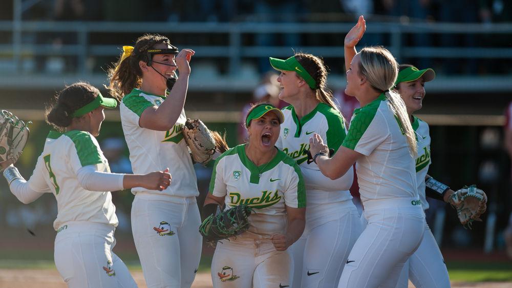 Ducks infielder Mia Camuso (7) celebrates after the final out of the game. The Oregon Ducks play the University of Oklahoma Sooners at Jane Sanders Stadium in Eugene, Ore. on Saturday April 19, 2018. (Ben Green/Emerald)