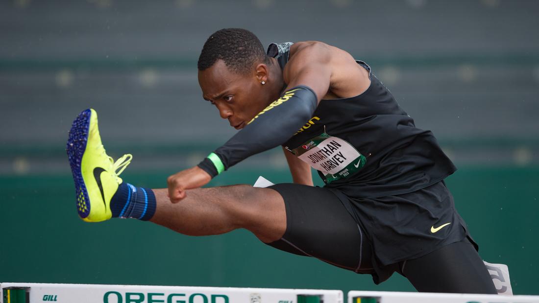 Oregon hurdler Jonathan Harvey clears a hurdle during the 110m heat. The Pepsi Invitational is held at Hayward Field in Eugene, Ore. on Saturday, April 7, 2018. (Adam Eberhardt/Emerald)