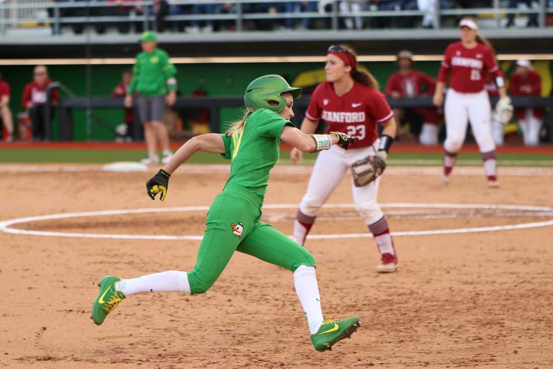 Oregon outfielder Alexis Mack (10) runs to third base. The Oregon Ducks play the Stanford Cardinals at Jane Sanders Stadium in Eugene, Ore. on Friday April 20, 2018. (Kiara Green/Emerald)