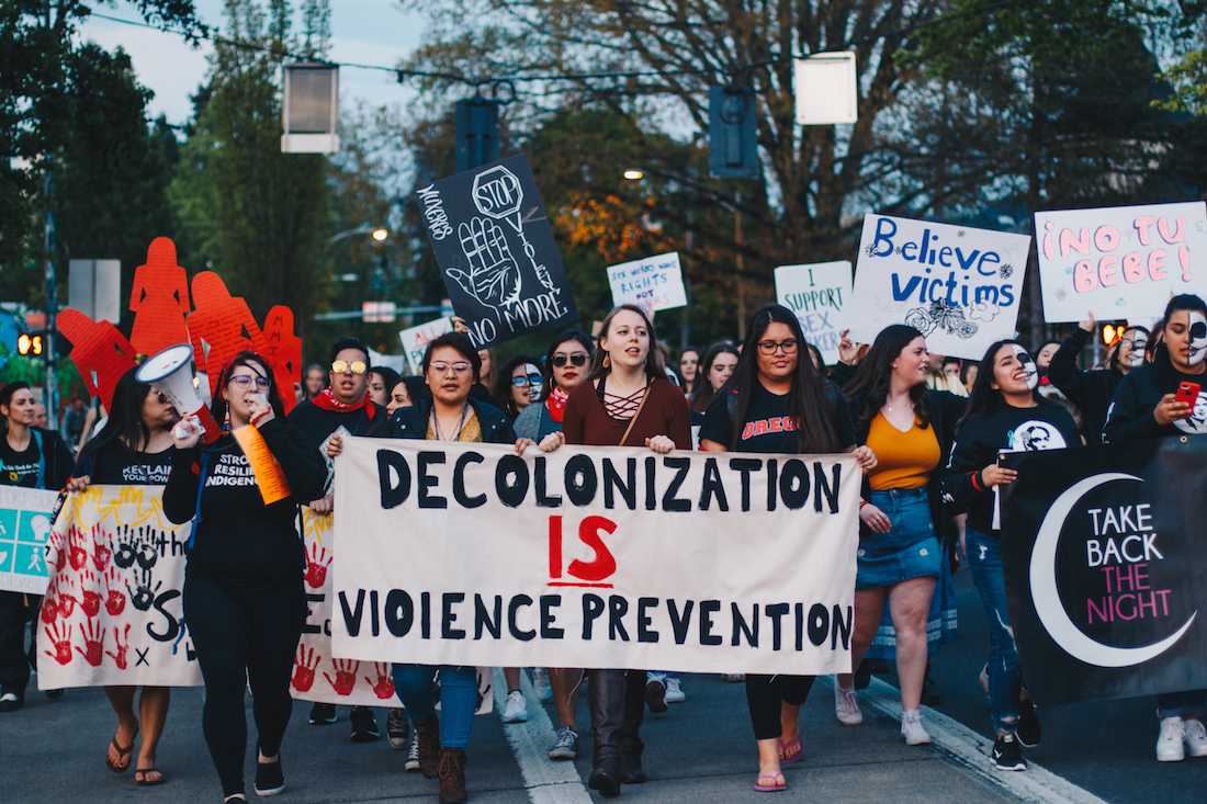 The theme of the 40th Take Back the Night in Lane County is decolonization with an emphasis on Native American and Indigenous Women. The 40th annual Take Back the Night march takes place through the streets of Eugene, Ore. on April 26, 2018. (Sarah Northrop/Emerald)