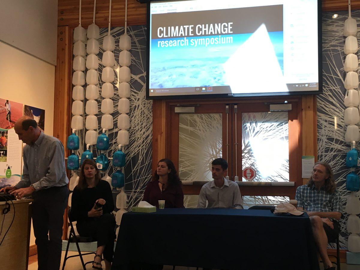 Pictured, from right to left, moderator Ronald Mitchell and Climate Change Research Symposium discussion panelists Alina Motschmann, Sullivan Schuster, Michael Graham and Richard York. (Max Egener/Emerald)