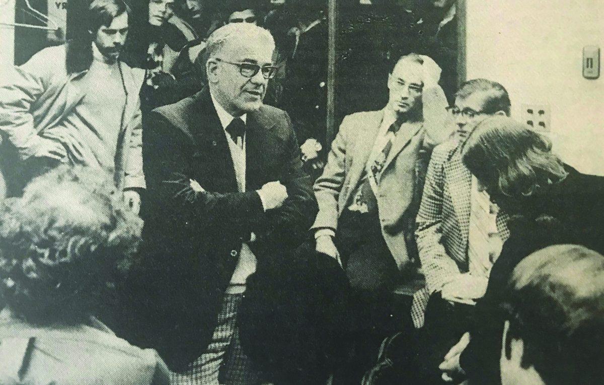 Vice-chancellor Freeman Holmer confronts protestors in Jan., 1978. (Emerald Archives)